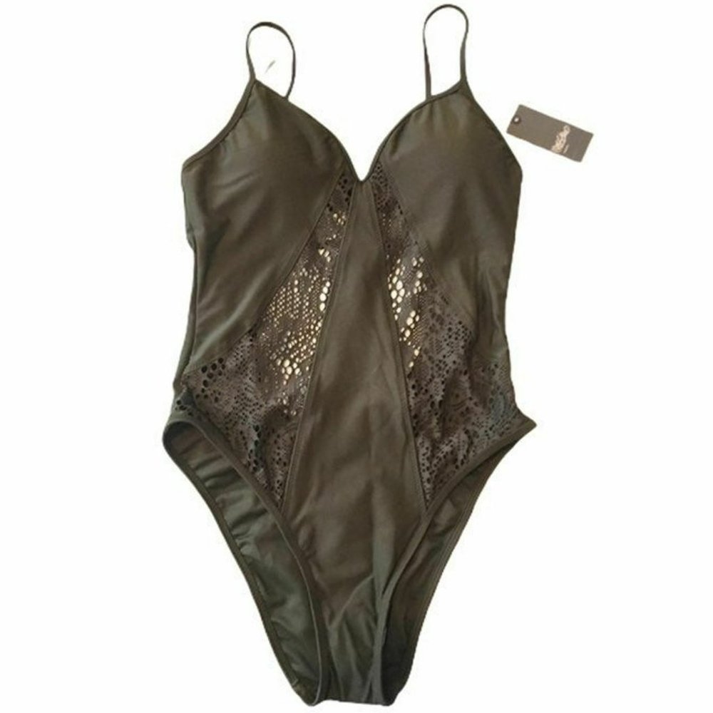 Olive Crochet Like Inset Swimsuit Small NWT